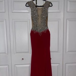 Jovani red and silver beaded prom dress